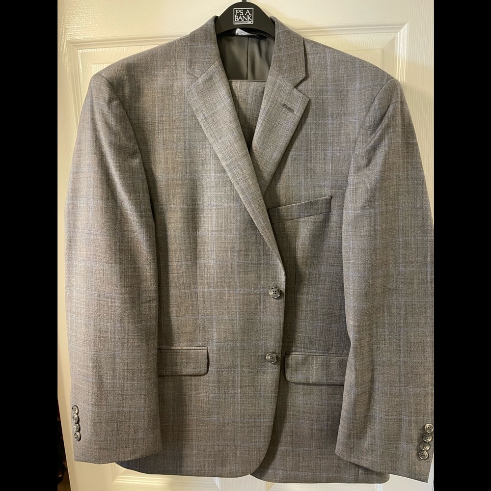 Jos. A Bank. Traveler suit. 44regular 38 waist. Charcoal with faint blue squares